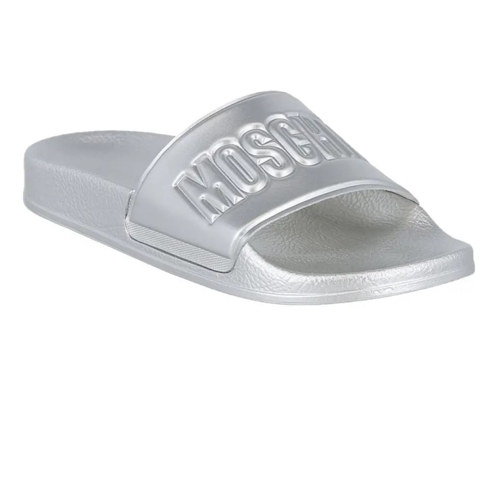 NEW MOSCHINO SLIP-ON’s POOL SLIDES SILVER LOGO